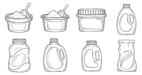 Obraz premium A collection of various containers including jars and bottles in outline vector style, ideal for food and product packaging design