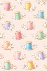 Pastel sewing spools floral seamless pattern
