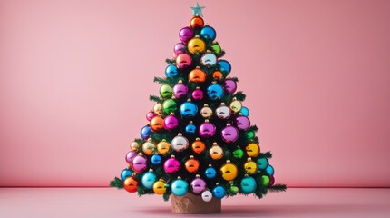Vibrant Christmas tree with colorful ornaments on pink background