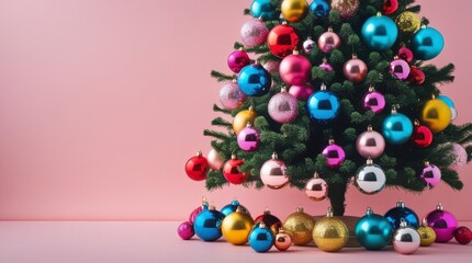 Vibrant Christmas tree with colorful ornaments on pink background