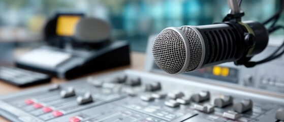 Close-up of microphone and sound console in studio setting with blue background and selective focus on equipment