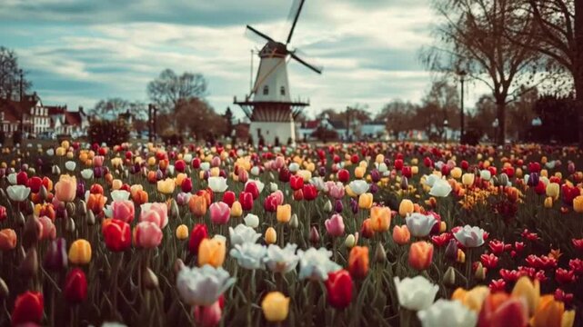 Colorful tulip field with traditional windmill in the background during cloudy day