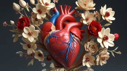 Human heart surrounded by vibrant flowers symbolizing life and health
