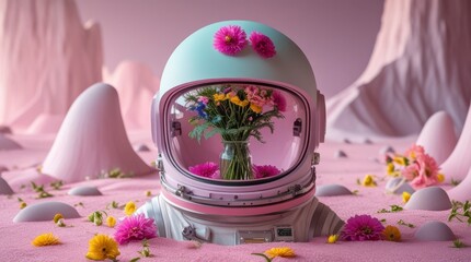 Astronaut helmet with colorful flowers in a surreal pink landscape