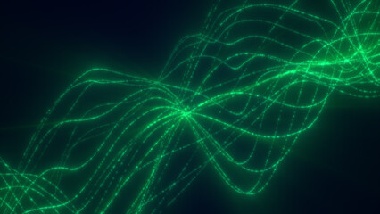 Fototapeta premium Glowing green digital waves forming an abstract flowing grid of light in a dark futuristic space