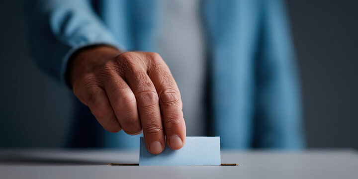 Hand places ballot into box, representing voting and democratic participation.