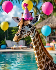 Playful giraffe wearing party hat by poolside with colorful balloons