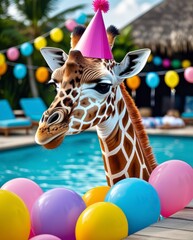 Playful giraffe wearing pink party hat surrounded colorful balloons by pool