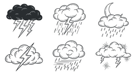 Obraz premium A set of six weather icons featuring clouds, lightning, and rain in black and white outline vector style, suitable for weather-related designs