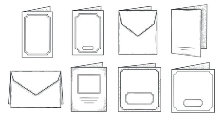 A collection of various card and envelope designs in hand-drawn outline style, suitable for invitations and stationery design