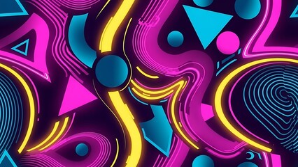 Seamless Neon Retro Wave Abstract Pattern with Fuchsia, Yellow, Cyan, Geometric Shapes, Glowing Line Art, 80s Cyber Style Background