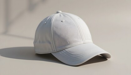 A clean white baseball cap with textured side panels resting on a neutral surface casting a soft shadow. basball cap