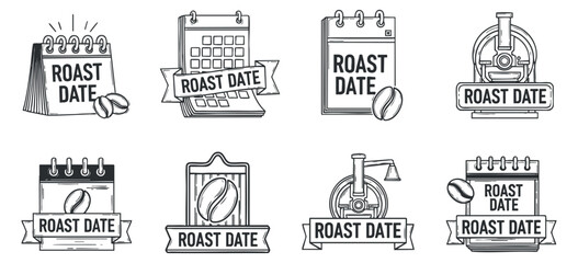 A collection of coffee roast date icons featuring calendars and coffee-related elements in black and white minimalist vector style, suitable for branding and packaging