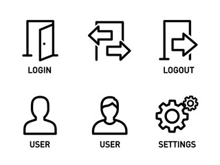 Fototapeta premium Black outline UI icons set featuring login logout user profiles and settings gears in a minimalist style.