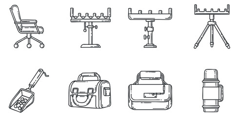 Fototapeta premium A collection of office and workshop equipment icons including a chair, tool rack, bag, and more in minimalist outline vector style