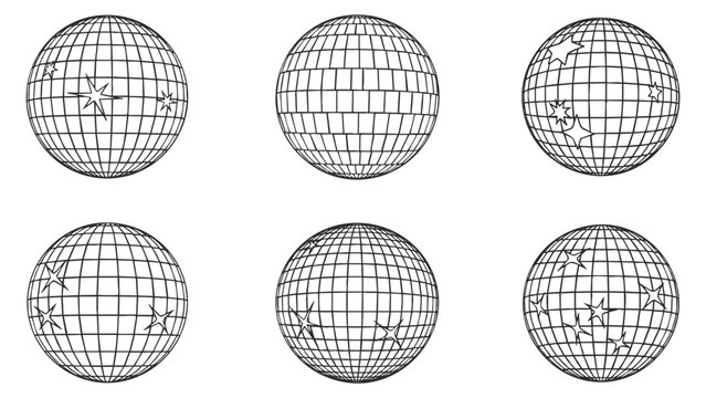 A collection of six globe illustrations featuring outlines with stars and grid patterns in minimalist black and white vector style, perfect for educational materials and global branding
