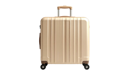 Modern luggage, beige with vertical grooves, telescopic handle extended. Isolated on black