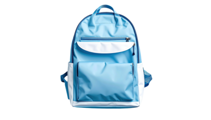 Modern light blue and white backpack, front view, isolated on a black background