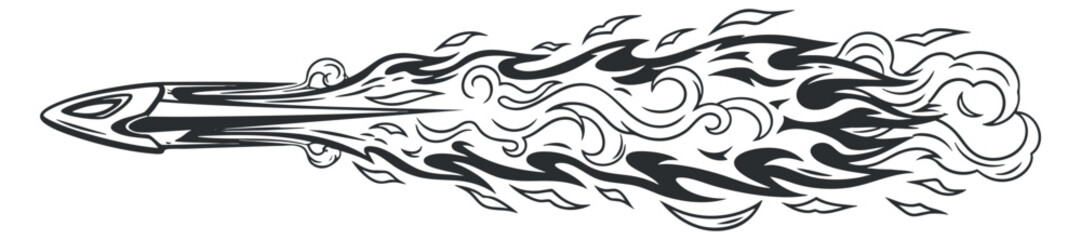 Fototapeta premium A stylized rocket with flames and smoke in black and white vector style, ideal for dynamic design projects