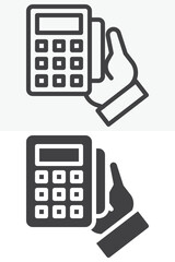 Hand holding POS terminal with card icon set in different style. Line, outline and solid icon vector sign and symbol with editable stroke. POS payment icon for retail.