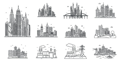 Fototapeta premium A collection of city skyline illustrations featuring various architectural styles in black and white outline vector style, suitable for urban design projects