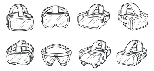 A collection of eight different virtual reality headsets in outline vector style, suitable for technology and gaming design projects