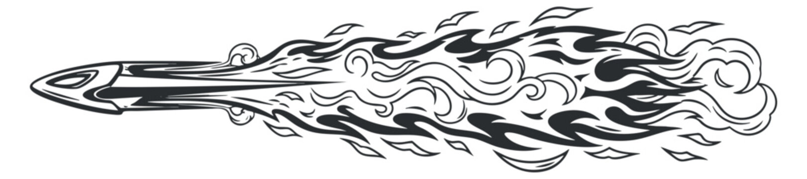 A stylized rocket with flames and smoke in black and white vector style, ideal for dynamic design projects