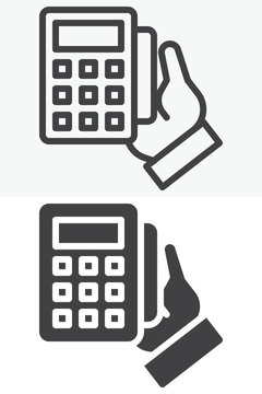 Hand holding POS terminal with card icon set in different style. Line, outline and solid icon vector sign and symbol with editable stroke. POS payment icon for retail.