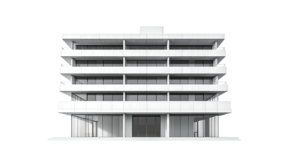 Modern, symmetrical architectural rendering of a multi-story building, white facade, glass windows