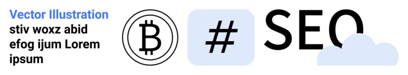Obraz premium Bitcoin symbol, metadata tag sign, SEO text, and cloud element focus on cryptocurrency use, digital marketing, and online media. Ideal for fintech, analytics, content creation web strategy crypto