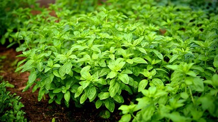 Fototapeta premium Basil plants growing outdoors in garden bed, home gardening and fresh herbs concept.