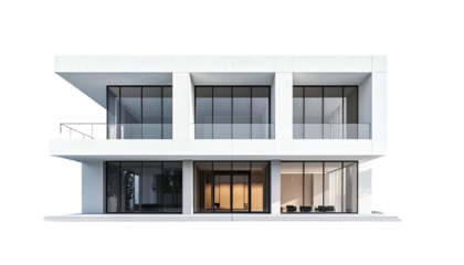 Modern white two-story building with large windows and balconies, isolated on black background