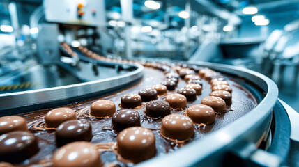 A conveyor belt transports glossy chocolates in a high-tech factory, where machines coat each piece in smooth milk or dark chocolate for sweet perfection