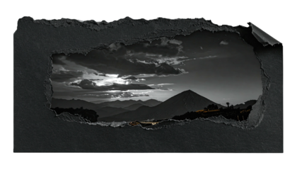 Monochrome mountain range peek-a-boo Dramatic sky scene framed by a torn, dark paper