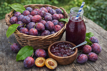 A basket of fresh plums and a jar of homemade plum jam on a wooden table