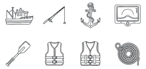 A collection of nautical-themed icons including a boat, fishing rod, anchor, life jacket, oar, and rope in outline vector style, perfect for marine and outdoor designs © vadymstock