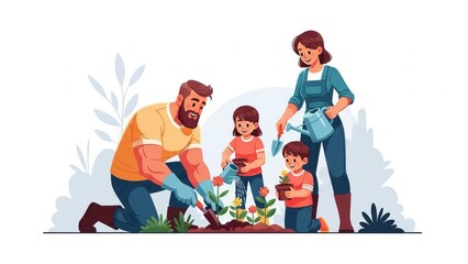 Parents and kids gardening cartoon illustration in 8K vector style light brown skin family planting vegetables outdoor activity education and bonding scene