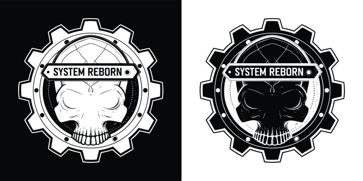 Striking black and white mechanical skull logo design featuring the bold text system reborn inside a gear emblem