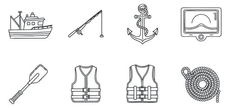 A collection of nautical-themed icons including a boat, fishing rod, anchor, life jacket, oar, and rope in outline vector style, perfect for marine and outdoor designs