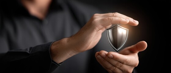 Hand holds a digital shield symbol while using a virtual screen for online safety and data protection