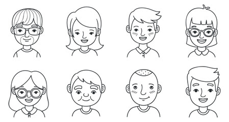 A collection of diverse cartoon characters with smiling faces in black and white outline vector style, perfect for children's projects and educational materials