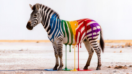 A creative surreal image of a zebra standing in a dry desert landscape with vibrant rainbow-colored paint dripping down its body. Colorful paint streaks of blue, green, yellow, red, and purple on the 