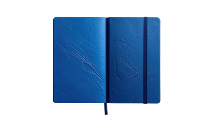 Open, textured notebook with elastic closure and attached bookmark against a black background