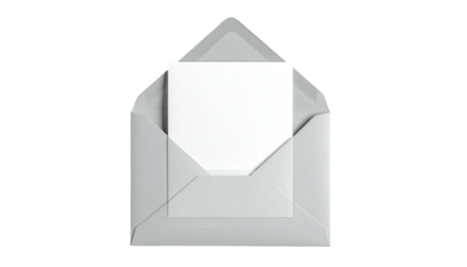 Open white envelope revealing a blank white card, isolated against a black background