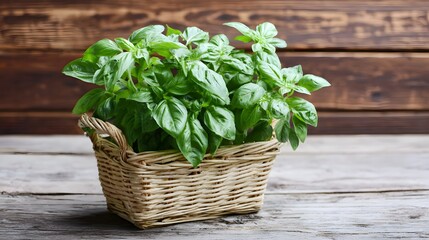Naklejka premium Fresh basil plant in wicker basket on wooden table, rustic food styling concept.
