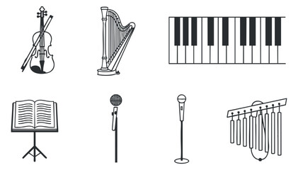 A collection of musical instruments including a violin, harp, piano, microphone, and xylophone in black and white outline vector style, ideal for music education and branding
