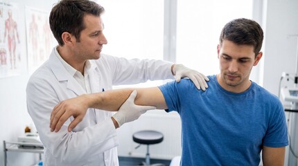 Fototapeta premium Doctor examining patient's arm in a medical office setting