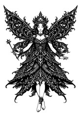 ornate gothic fairy queen illustration with intricate baroque filigree wings flowing decorative dress and crown, vector, illustration