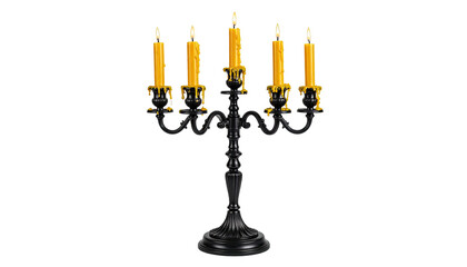 Ornate black candelabra with five lit yellow candles, isolated on black background