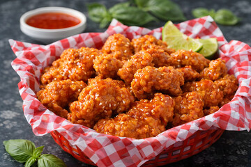 A vibrant basket of spicy fried chicken pieces served with fresh lime wedges and herbs